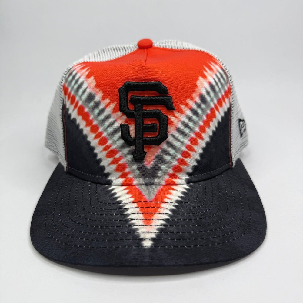 San Fransisco Giants New Era Trucker Hat Mens Black Orange Tie Dye Mesh Snapback